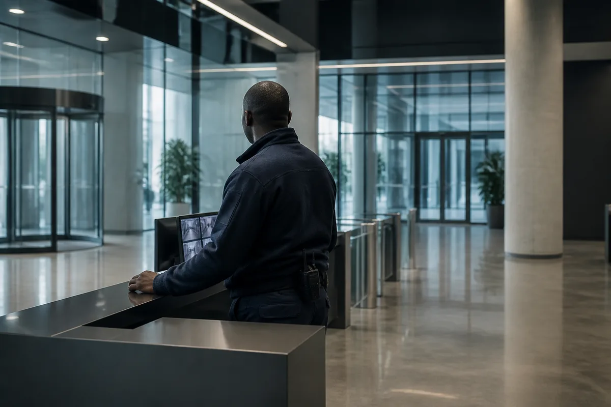 Agent de sécurité en poste à l’accueil d’un bâtiment professionnel