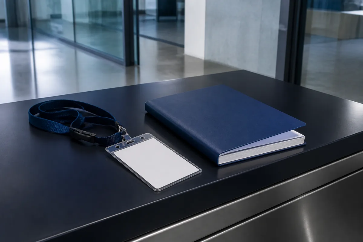 Badge professionnel et carnet de rondes posés sur un poste de garde