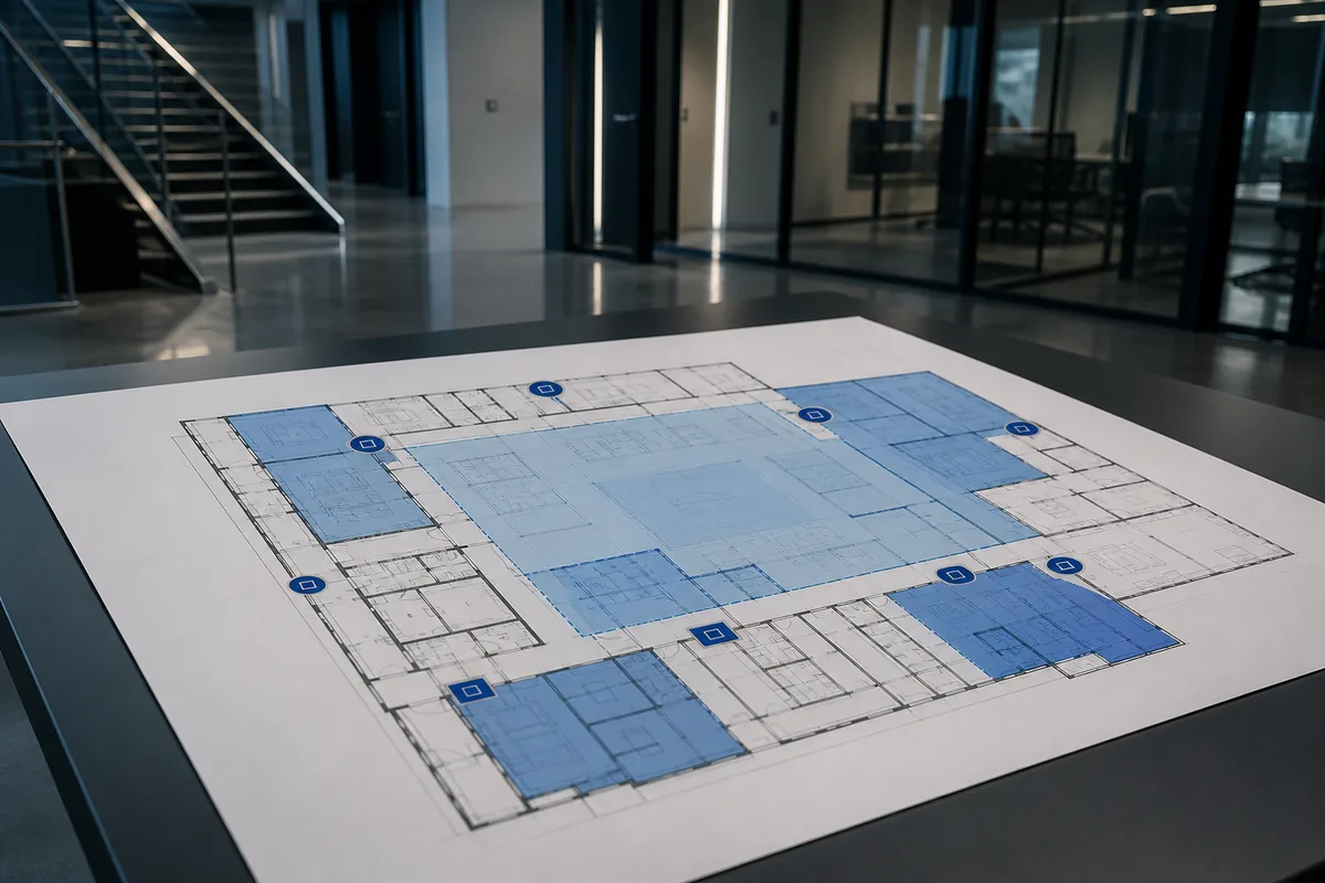 Plan d’un bâtiment annoté avec des zones de sécurité et des points d’accès contrôlés