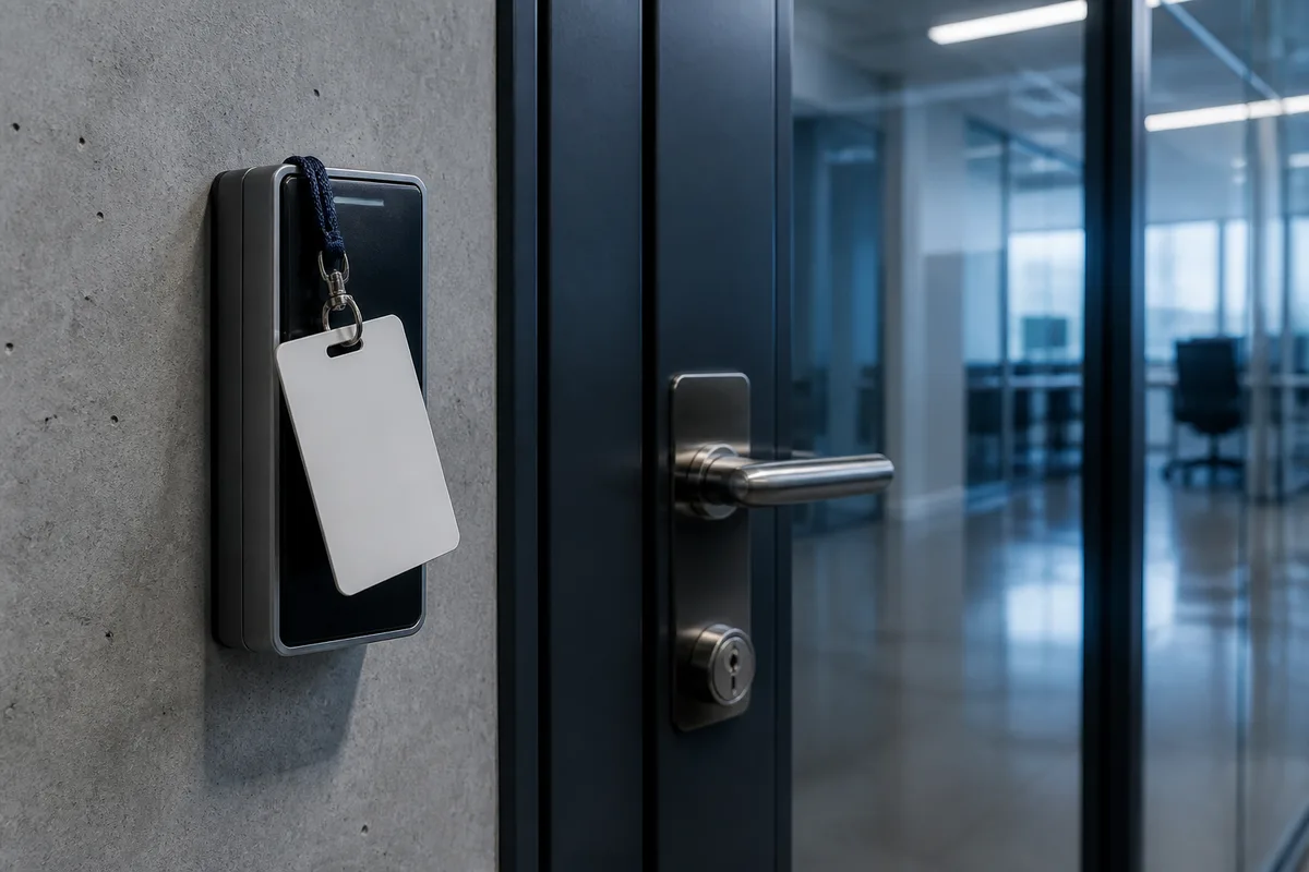 Badge d’accès posé sur un lecteur mural à côté d’une porte sécurisée
