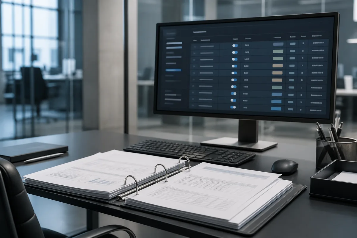 Bureau avec un classeur ouvert et un écran affichant un tableau de traitements de données