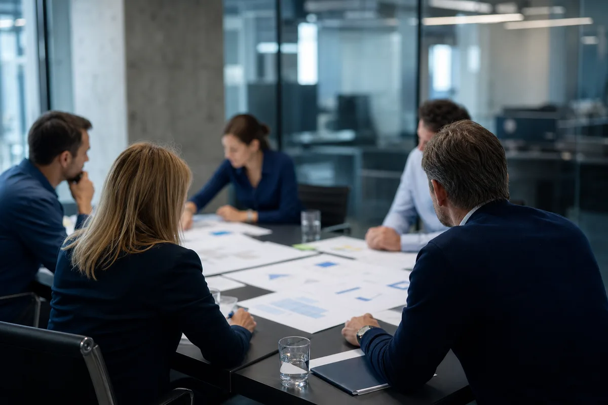 Salle de réunion où une équipe examine un plan de mise en conformité des données