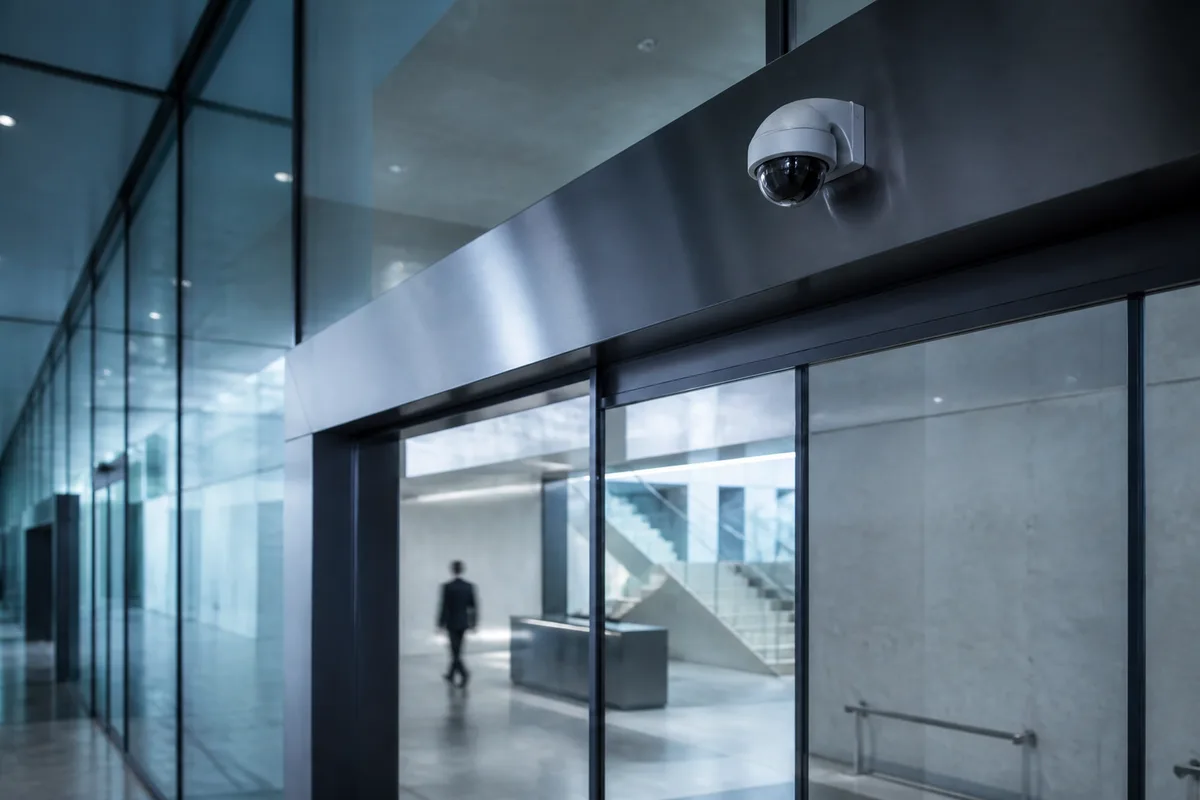 Caméra de vidéoprotection fixée en hauteur au-dessus de l&rsquo;entrée d&rsquo;un bâtiment